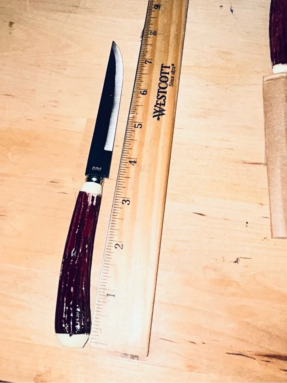 Vintage Set of 4 Stainless Steak Japan Knives Faux Antlers (1 Is Longer)